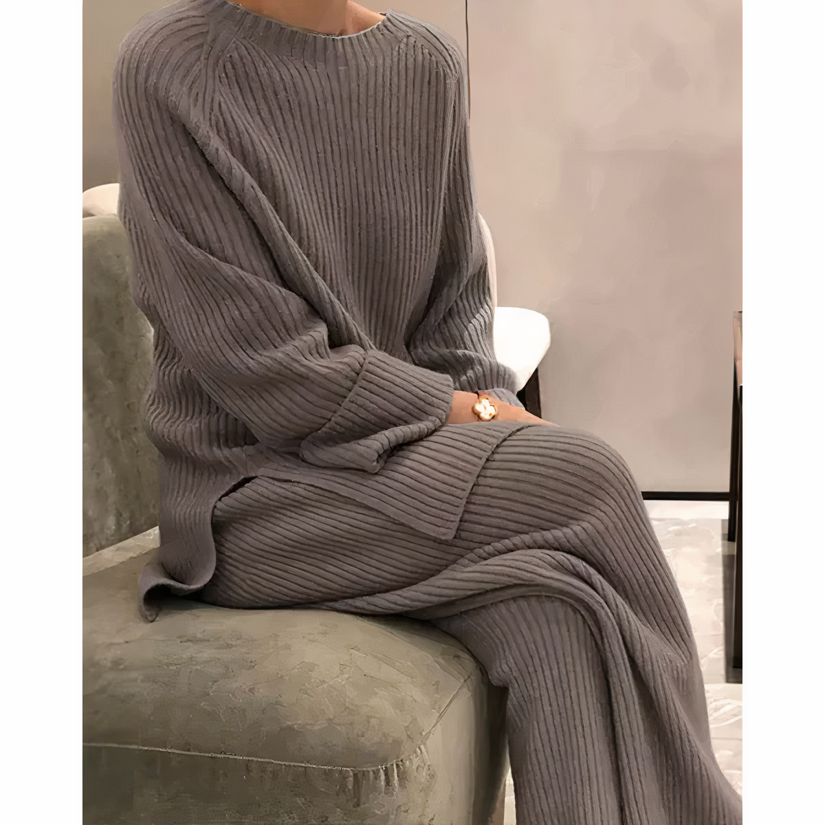 Women's Long Sleeve Ribbed Knit Set with Crew Neck Top and Matching Pants