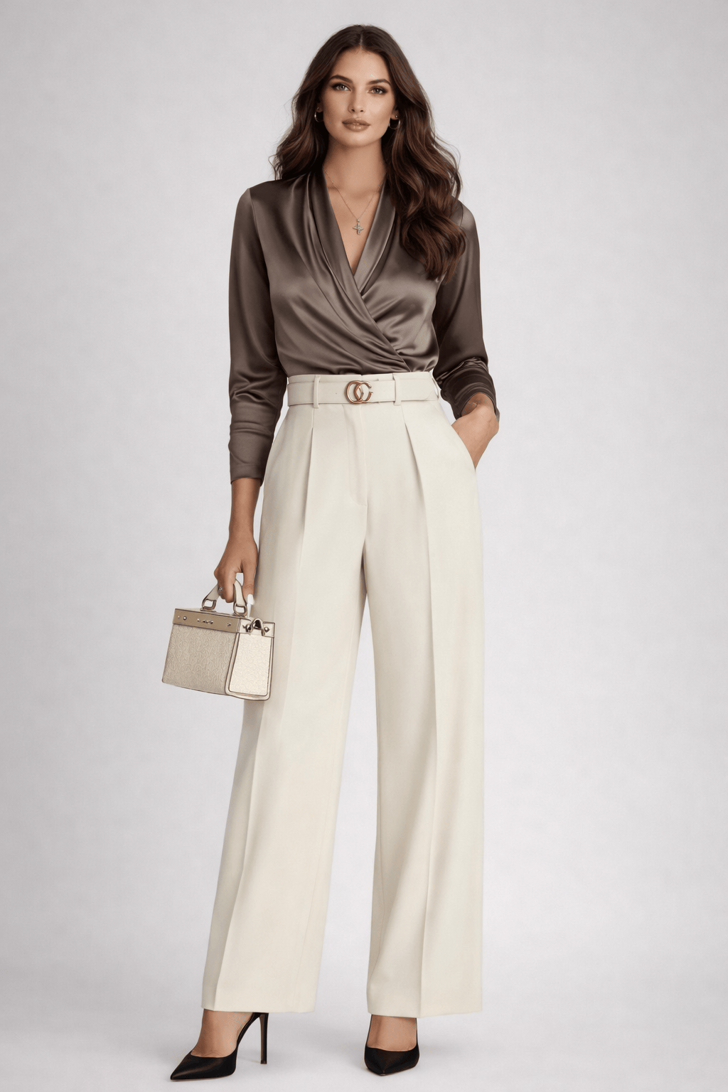 Charmeuse Deep V-Neck Long Sleeve Blouse