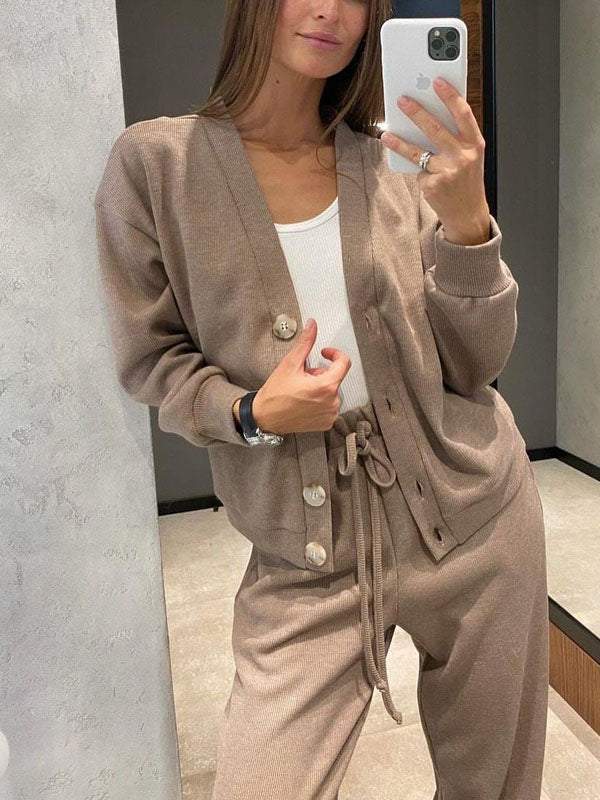 Women's Button-Front Cardigan Set with Drawstring Pants and Long Sleeves