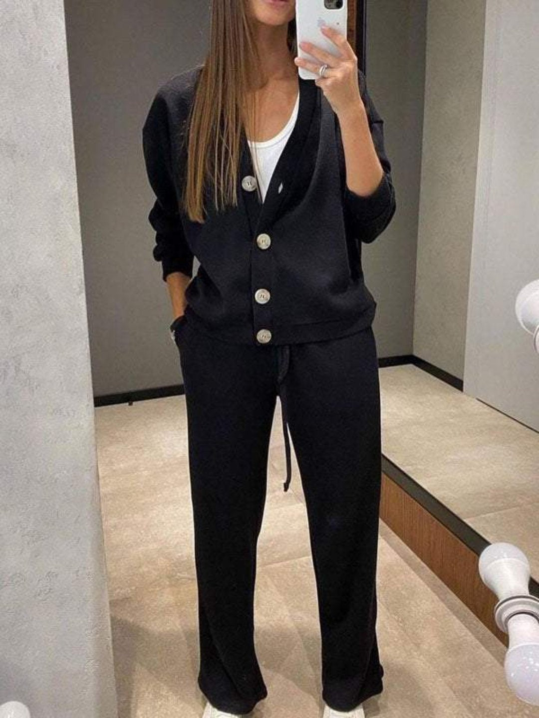 Women's Button-Front Cardigan Set with Drawstring Pants and Long Sleeves