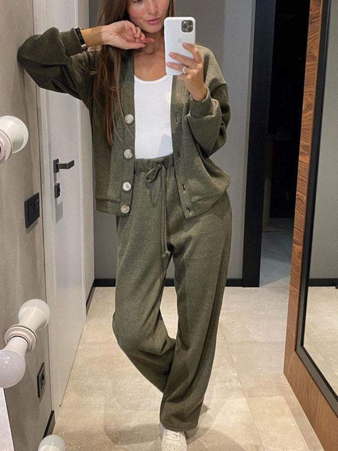 Women's Button-Front Cardigan Set with Drawstring Pants and Long Sleeves