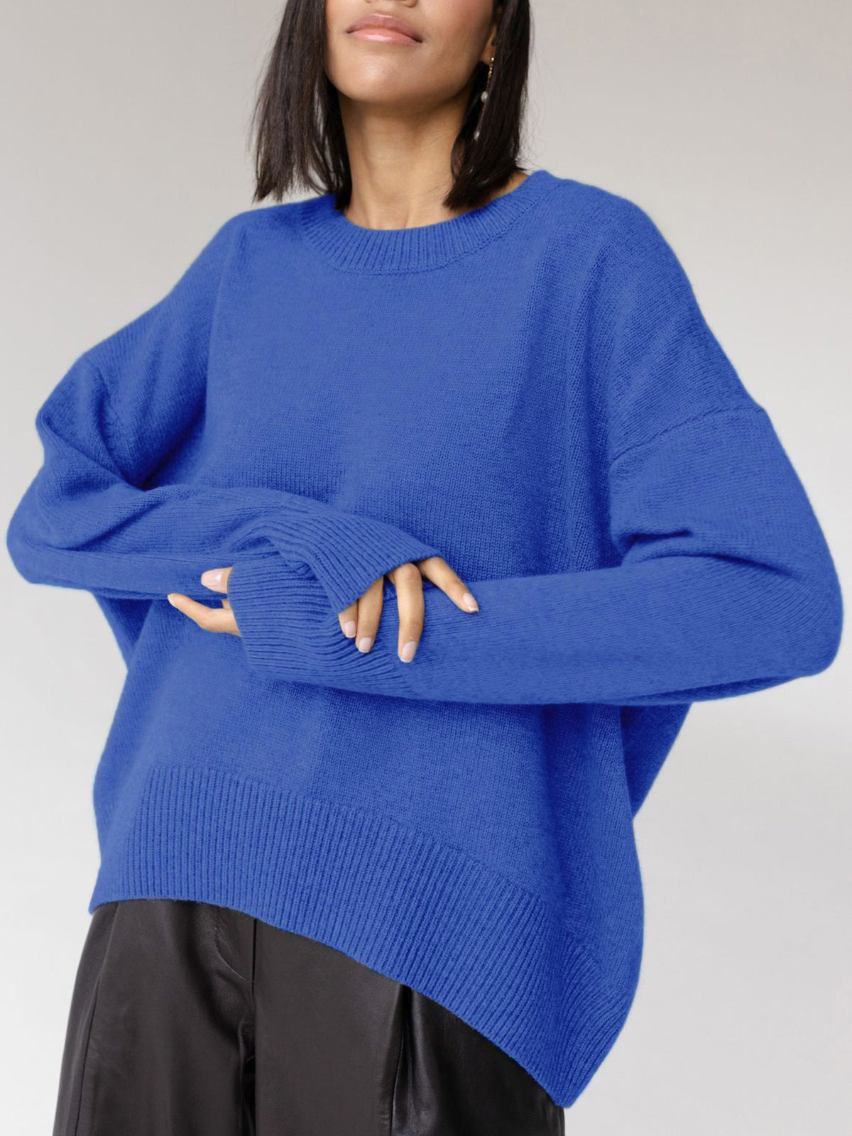 Women's Crew Neck Knit Jumper with Long Sleeves and Ribbed Cuffs