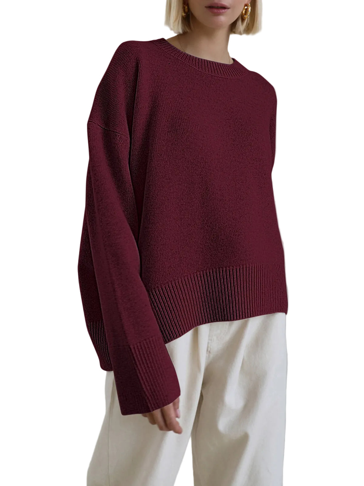 Women's Crew Neck Knit Jumper with Long Sleeves and Ribbed Cuffs