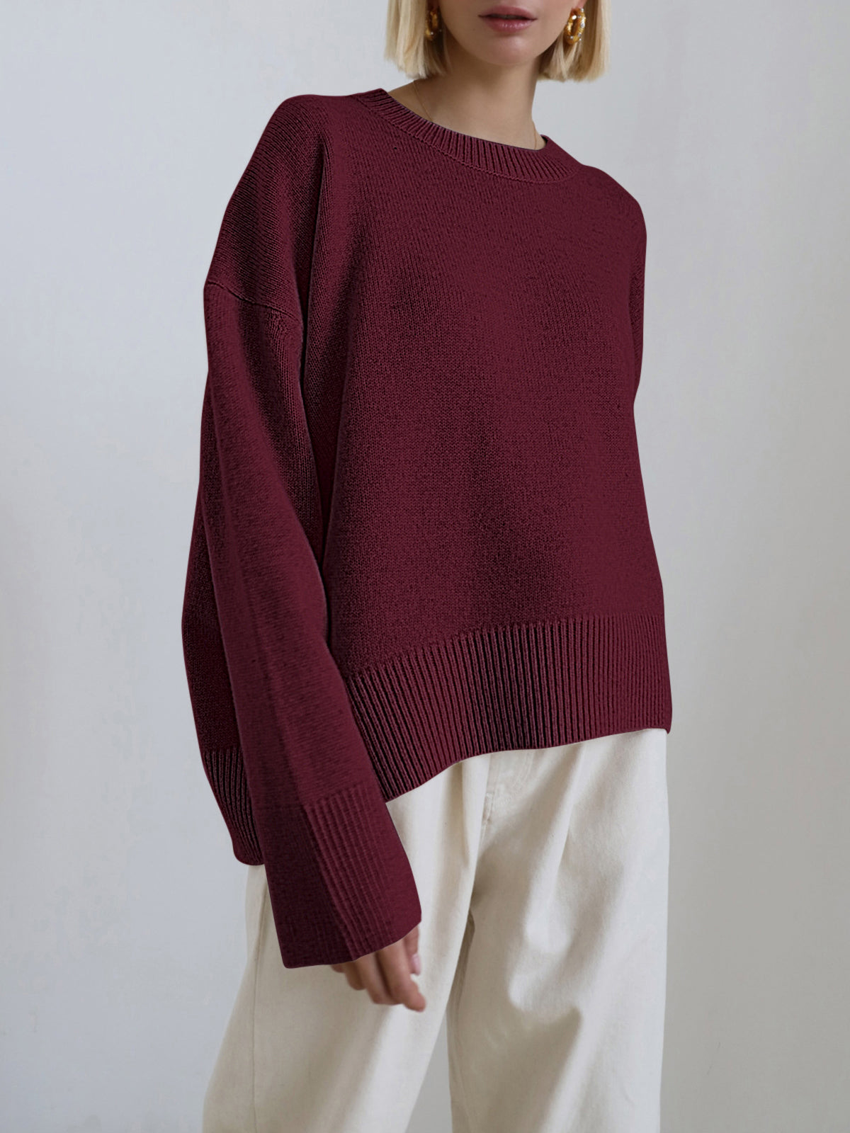 Women's Crew Neck Knit Jumper with Long Sleeves and Ribbed Cuffs