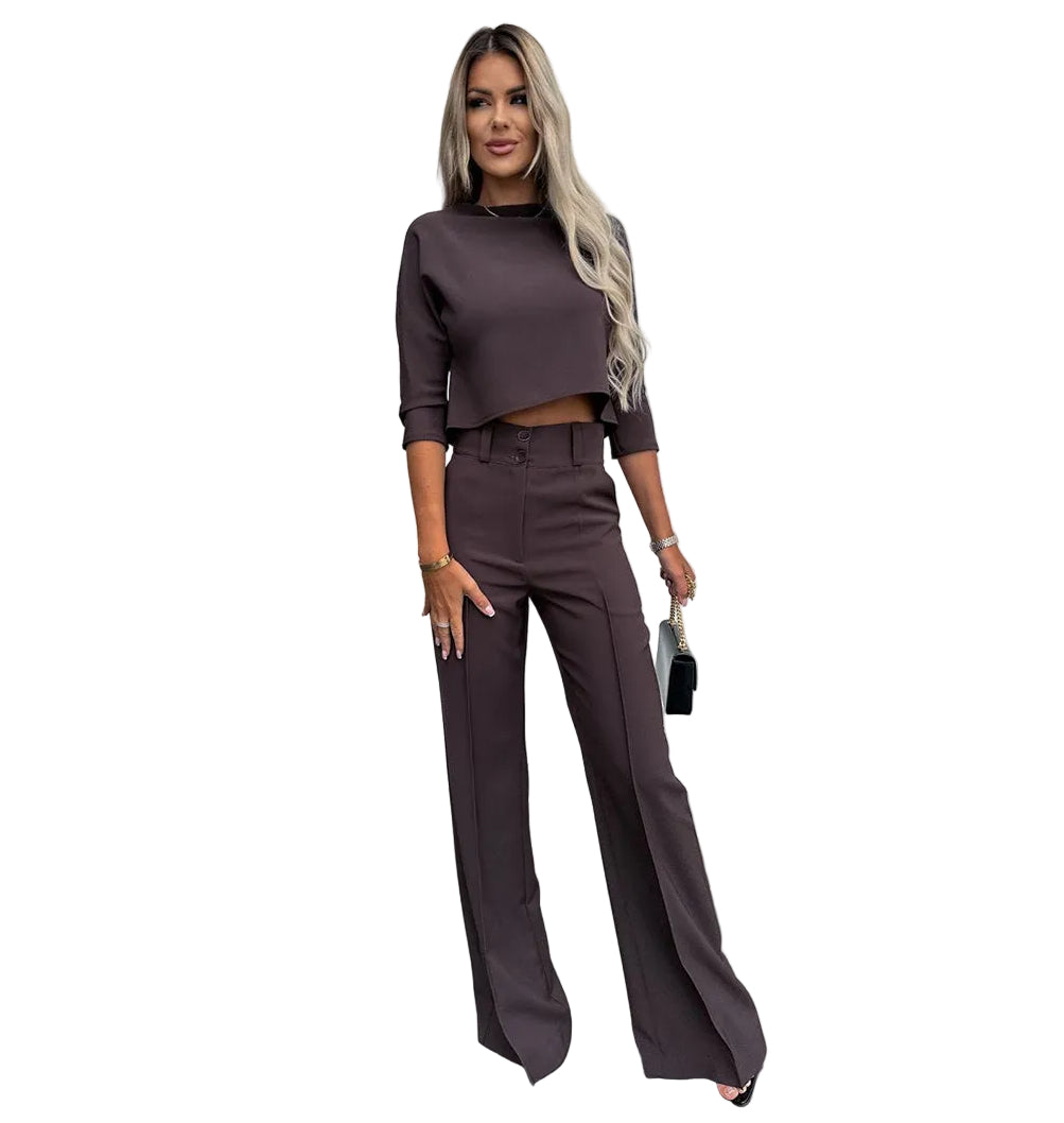 Women's Cropped Top and Wide Leg Pants Set with High Waist