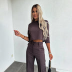 Women's Cropped Top and Wide Leg Pants Set with High Waist