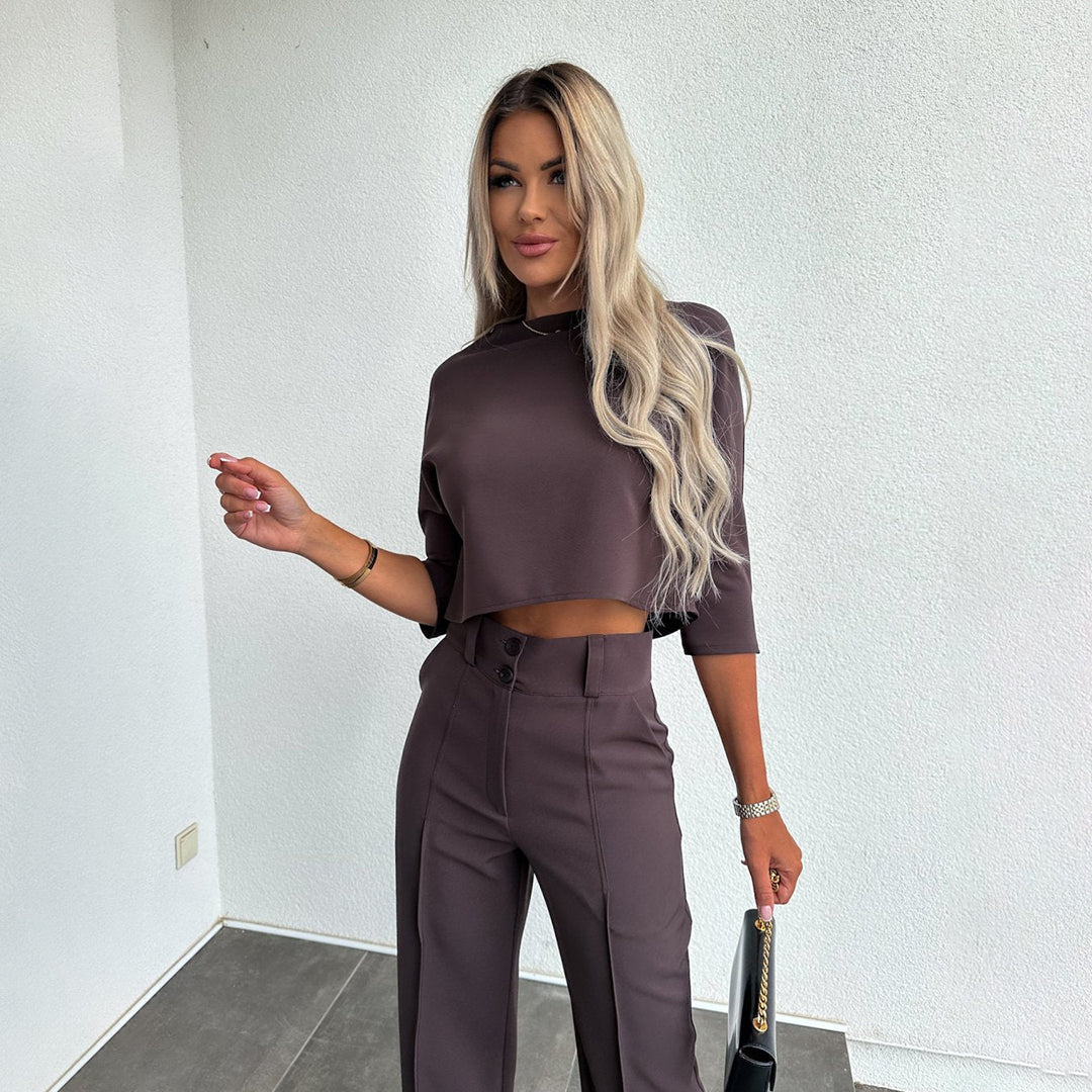 Women's Cropped Top and Wide Leg Pants Set with High Waist