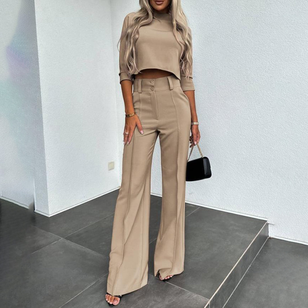 Women's Cropped Top and Wide Leg Pants Set with High Waist