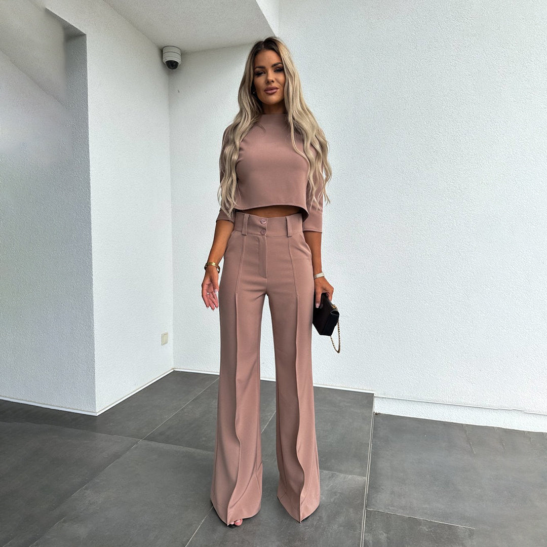 Women's Cropped Top and Wide Leg Pants Set with High Waist