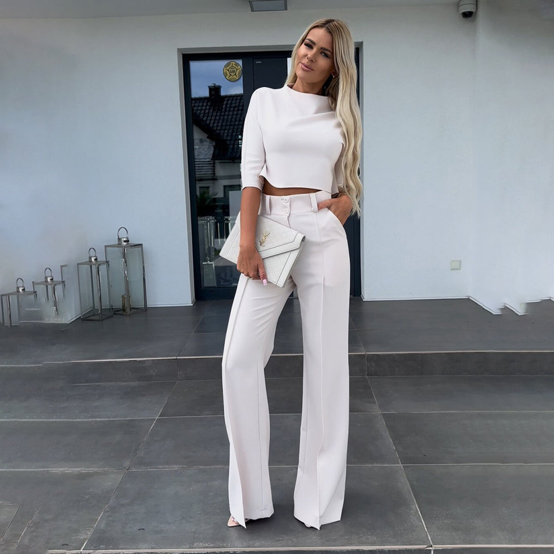 Women's Cropped Top and Wide Leg Pants Set with High Waist