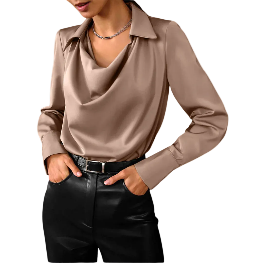 Women's Draped Cowl Neck Blouse with Pointed Collar and Button Cuff Sleeves