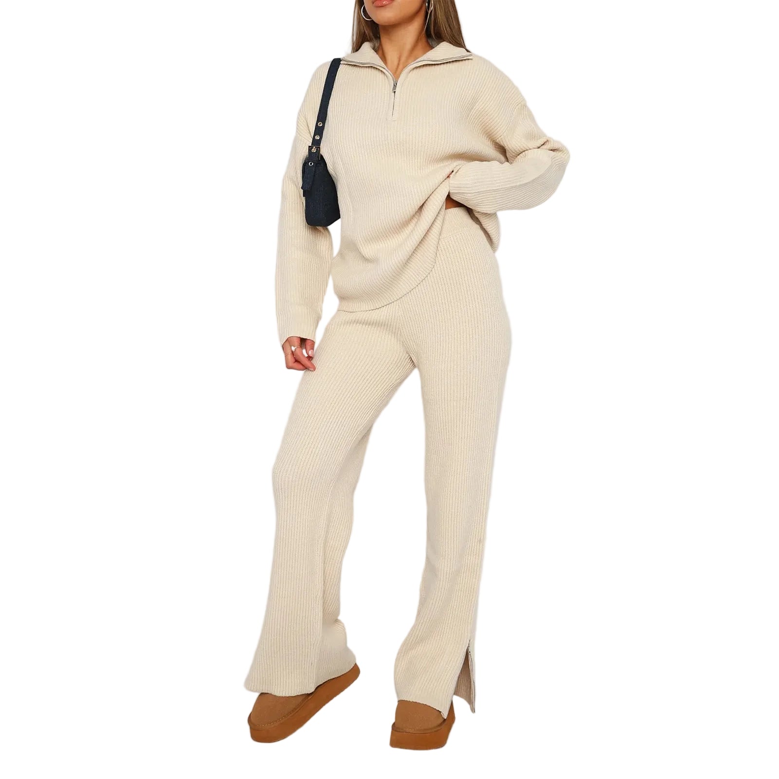 Women's Half-Zip Collar Long Sleeve Ribbed Knit Sweater and Trousers Set
