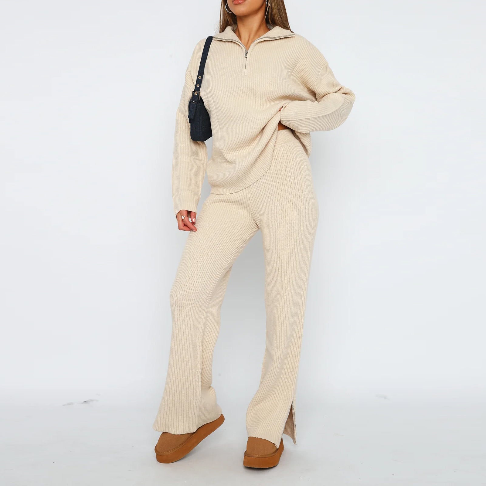 Women's Half-Zip Collar Long Sleeve Ribbed Knit Sweater and Trousers Set
