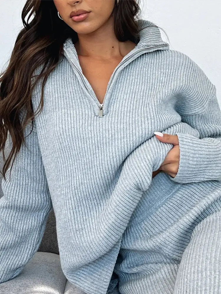Women's Half-Zip Collar Long Sleeve Ribbed Knit Sweater and Trousers Set