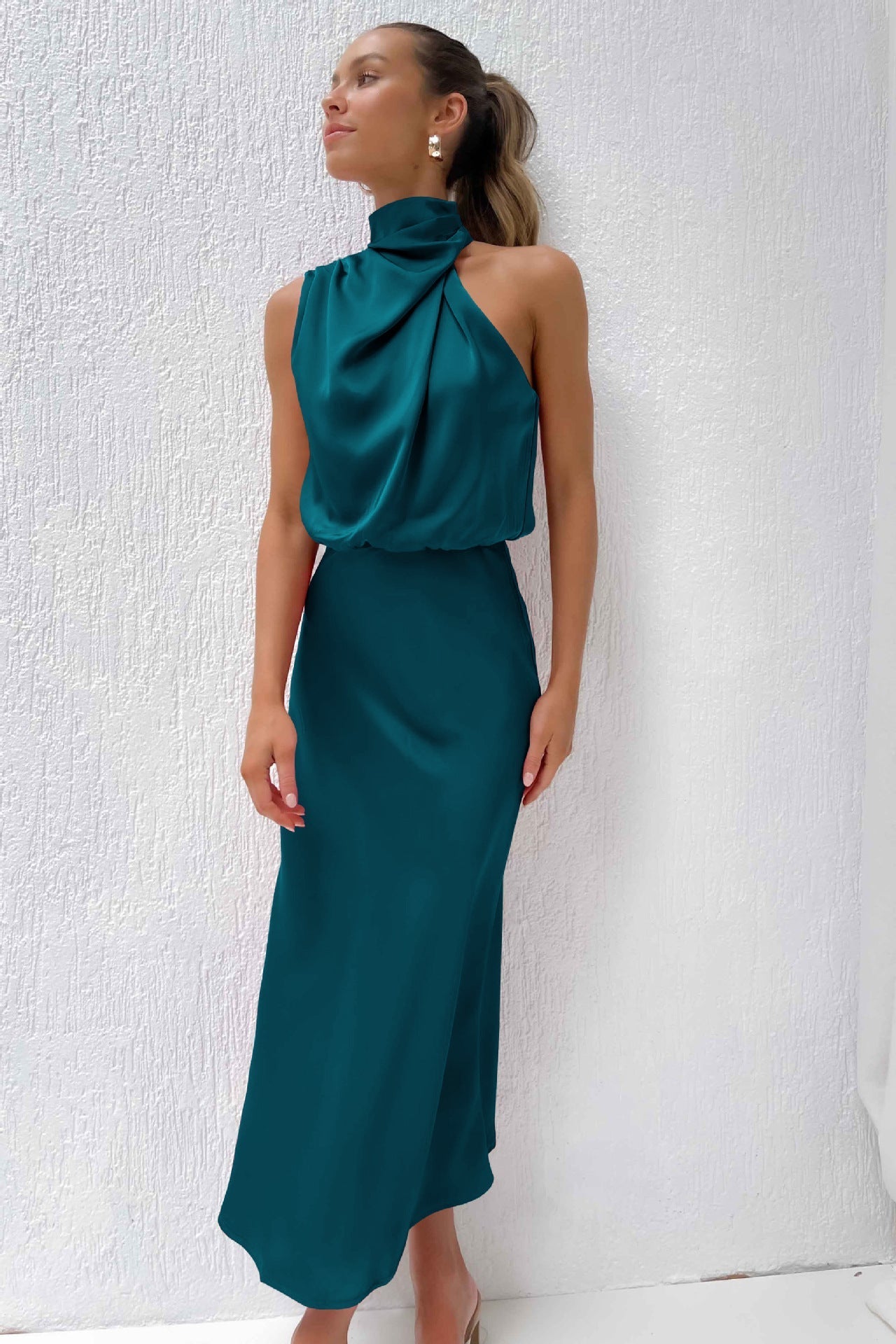 Women's Halter Neckline Sleeveless Midi Dress with Draped Cowl Front and Cowl Back