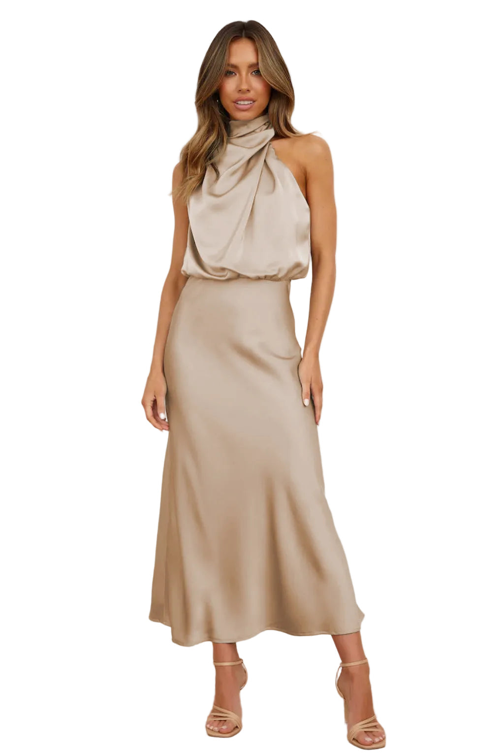 Women's Halter Neckline Sleeveless Midi Dress with Draped Cowl Front and Cowl Back