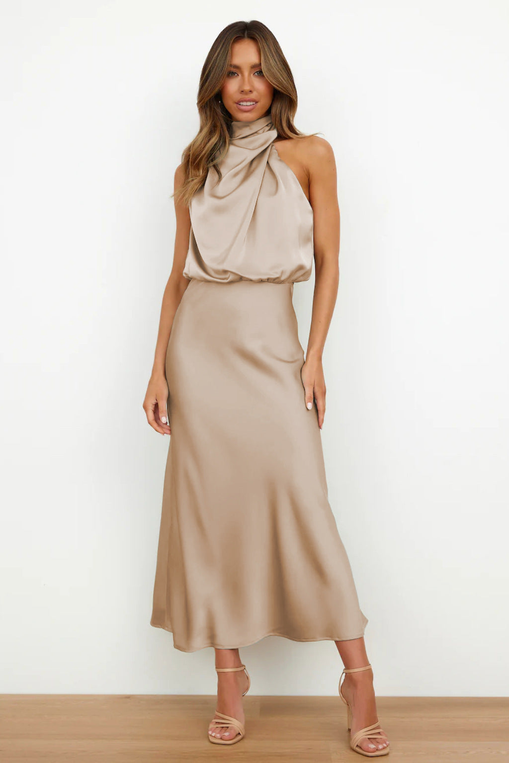 Women's Halter Neckline Sleeveless Midi Dress with Draped Cowl Front and Cowl Back