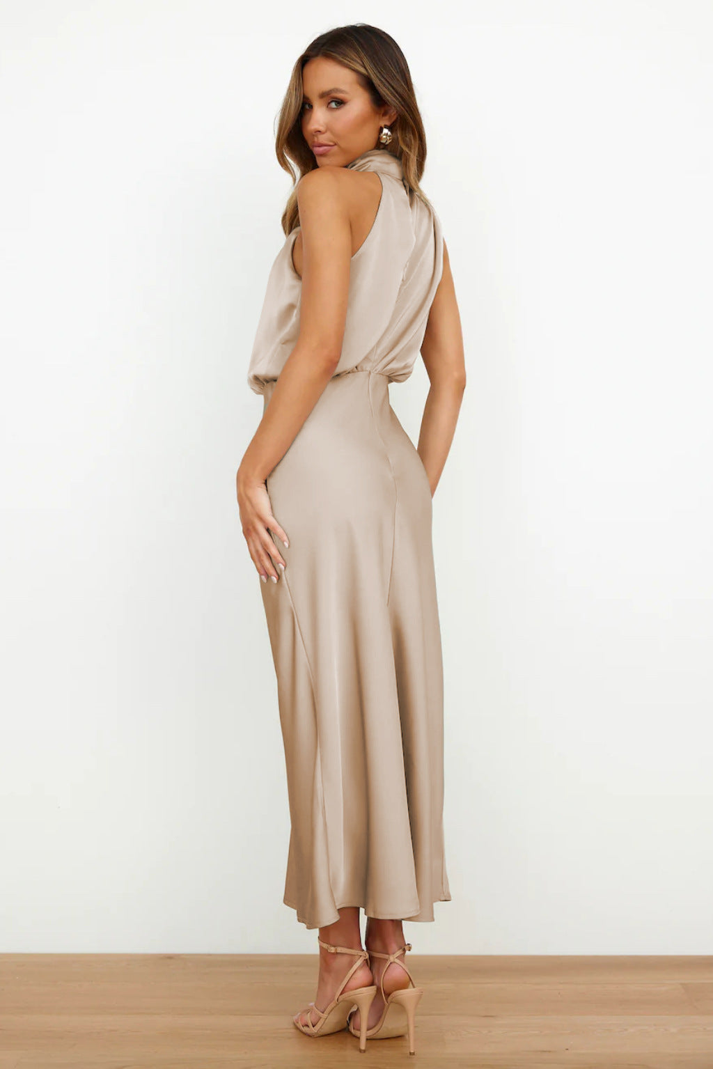 Women's Halter Neckline Sleeveless Midi Dress with Draped Cowl Front and Cowl Back