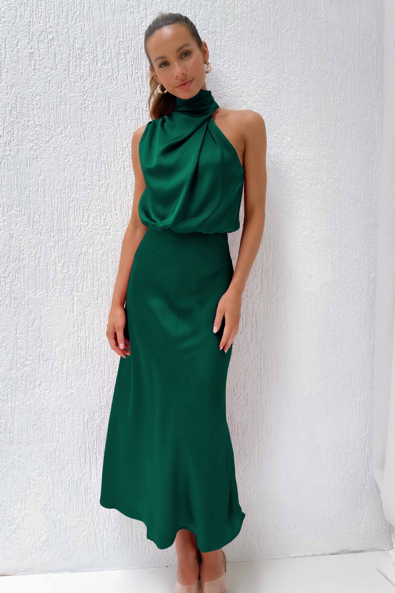 Women's Halter Neckline Sleeveless Midi Dress with Draped Cowl Front and Cowl Back