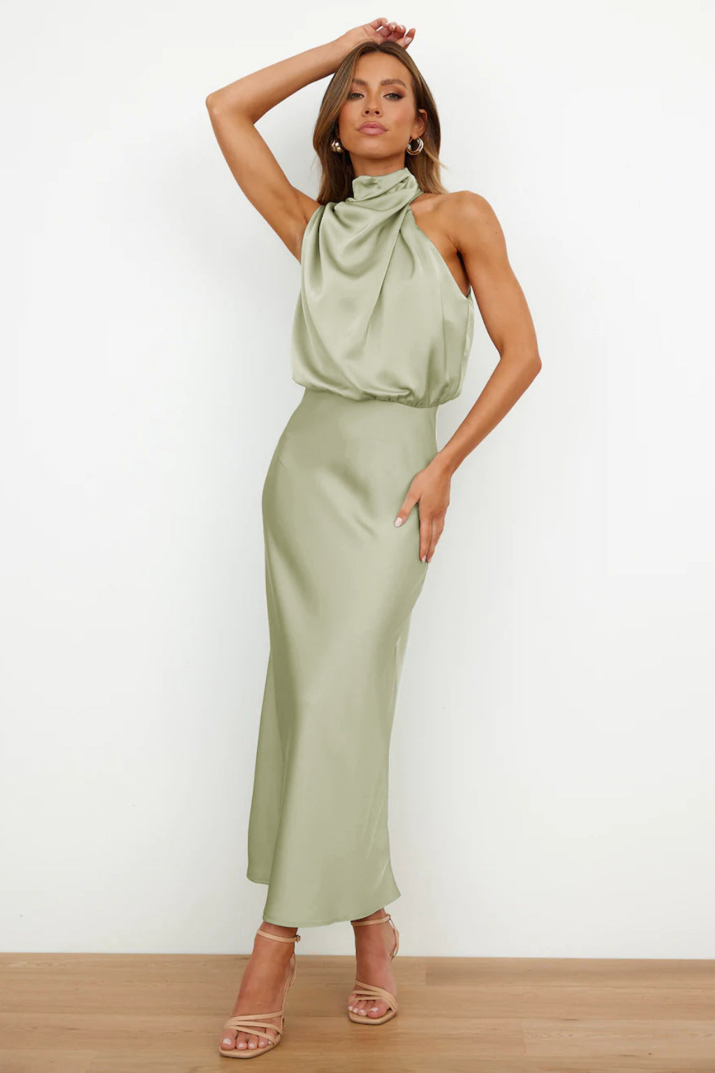 Women's Halter Neckline Sleeveless Midi Dress with Draped Cowl Front and Cowl Back