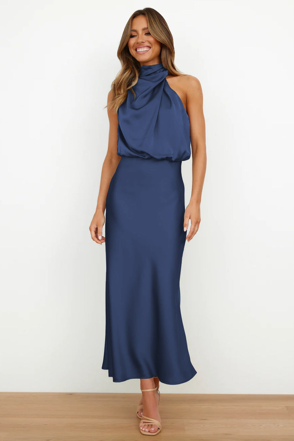 Women's Halter Neckline Sleeveless Midi Dress with Draped Cowl Front and Cowl Back
