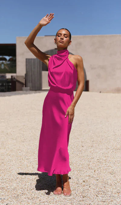 Women's Halter Neckline Sleeveless Midi Dress with Draped Cowl Front and Cowl Back