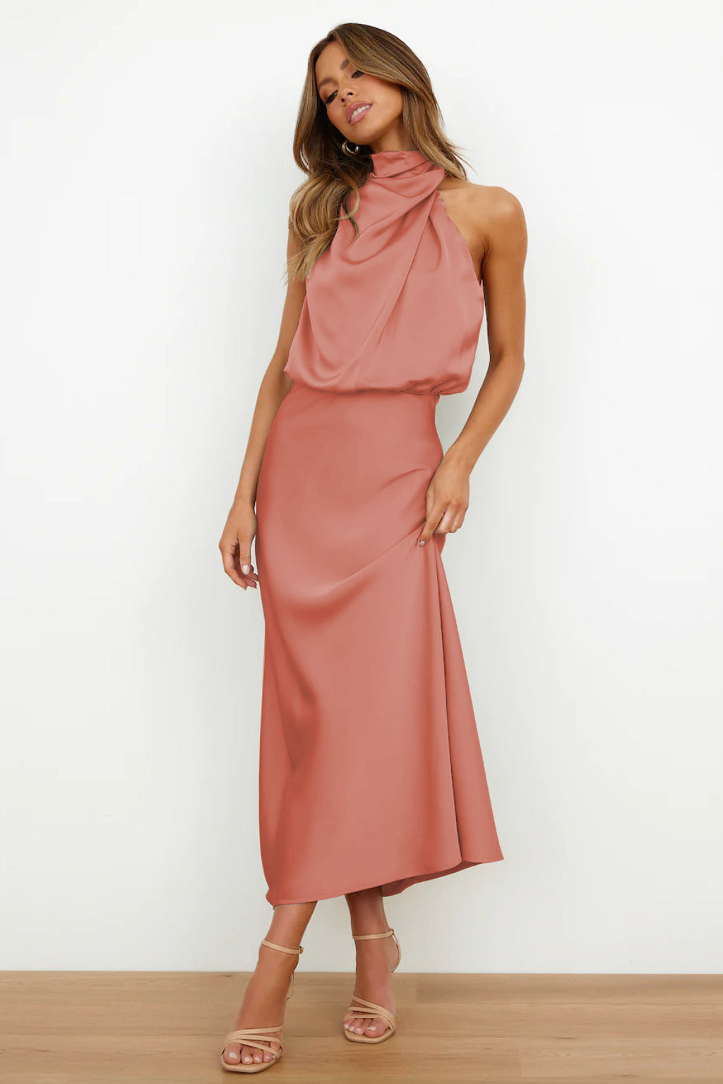 Women's Halter Neckline Sleeveless Midi Dress with Draped Cowl Front and Cowl Back