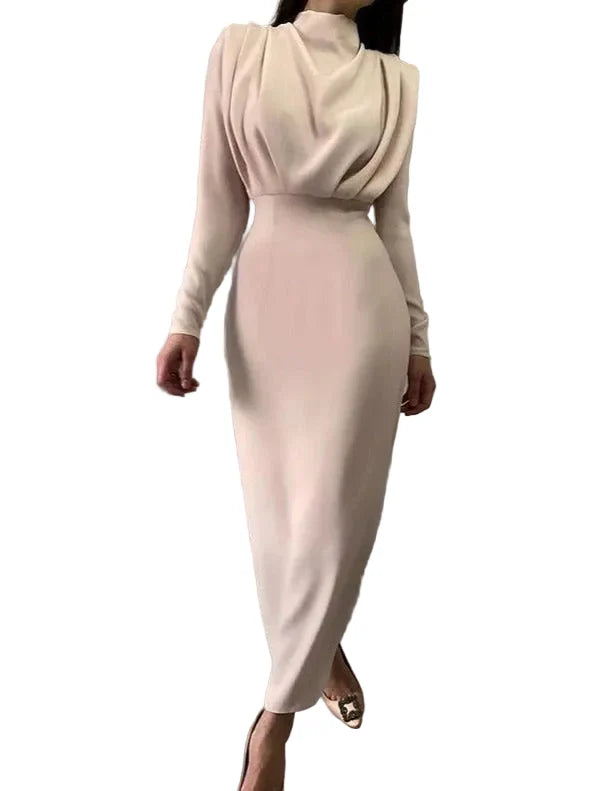 Women's Long Sleeve High Neckline Maxi Dress with Gathered Shoulders