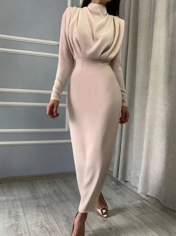 Women's Long Sleeve High Neckline Maxi Dress with Gathered Shoulders