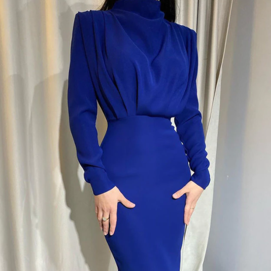 Women's Long Sleeve High Neckline Maxi Dress with Gathered Shoulders