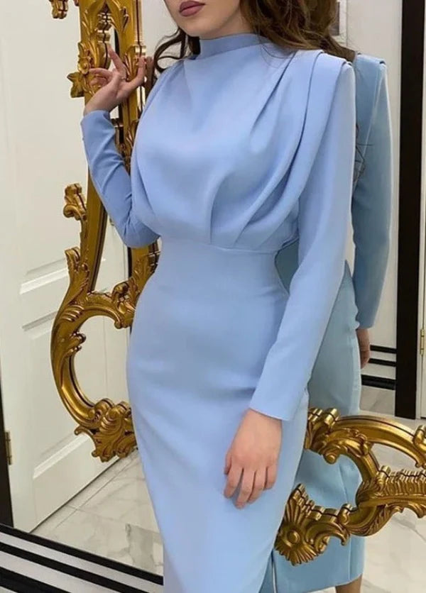 Women's Long Sleeve High Neckline Maxi Dress with Gathered Shoulders