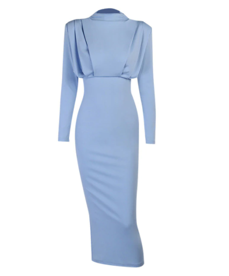 Women's Long Sleeve High Neckline Maxi Dress with Gathered Shoulders