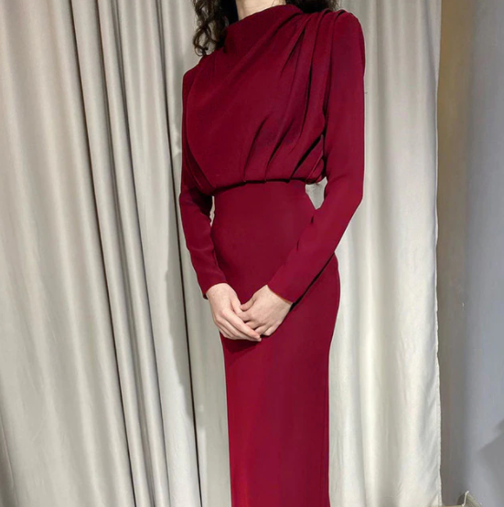 Women's Long Sleeve High Neckline Maxi Dress with Gathered Shoulders