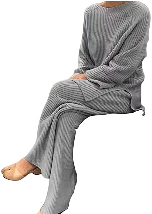 Women's Long Sleeve Ribbed Knit Set with Crew Neck Top and Matching Pants