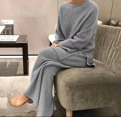 Women's Long Sleeve Ribbed Knit Set with Crew Neck Top and Matching Pants