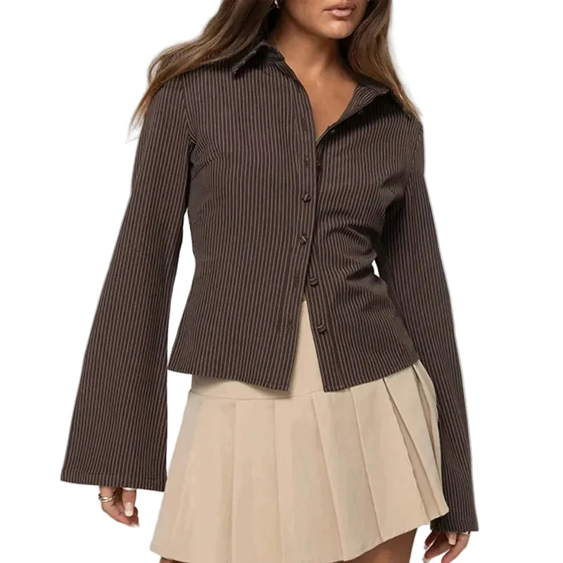 Women's Ribbed Button-Front Blouse with Flared Cuffs and Pointed Collar