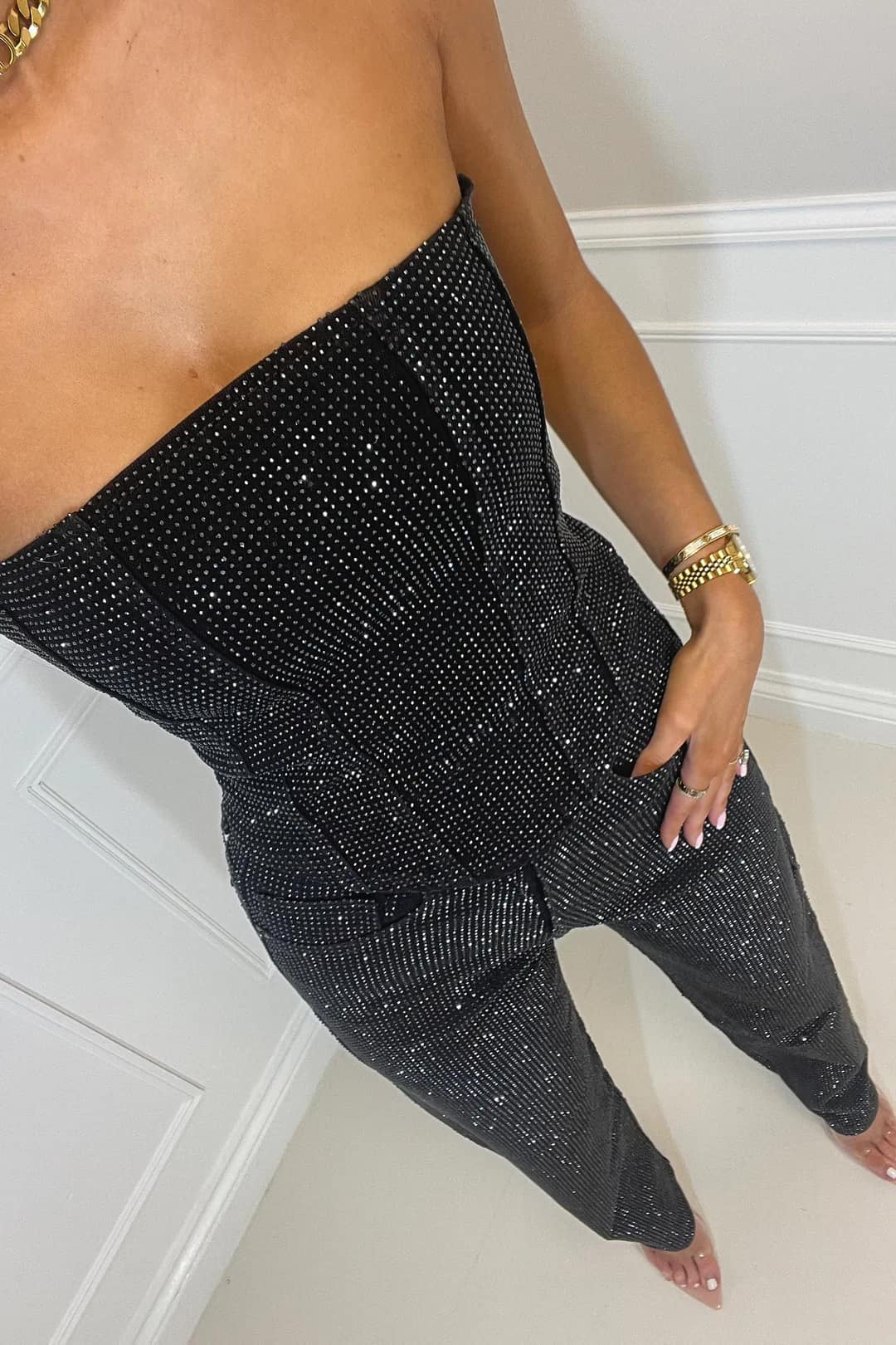 Women's Strapless Sparkle Top and Straight-Leg Trousers Set
